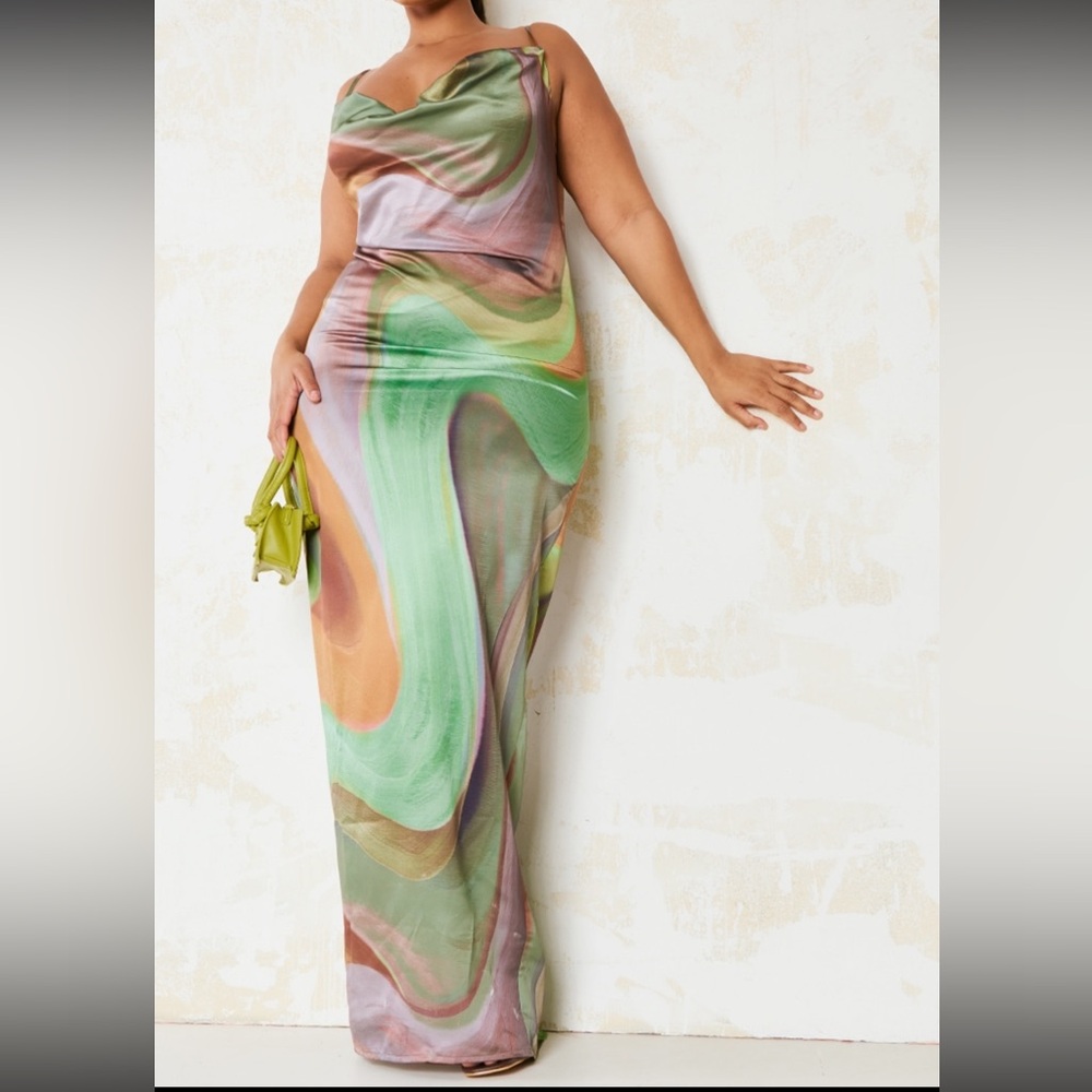 PrettyLittleThing Marble Print Cowl Neck Strappy Maxi Dress